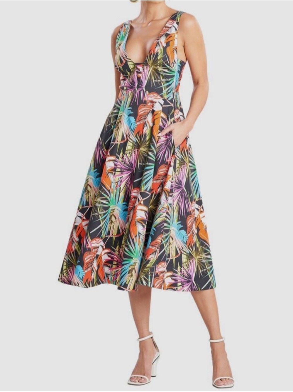 Natori El Nido Midi Dress Tropical Botanical Poplin Resort Luxury Pockets Size 6
